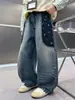 Jeans de pierna ancha con patchwork de estrellas, modernos y geniales para niños, pantalones casuales rectos holgados para niños mayores, estilo callejero con buena caída, versátiles