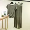 Conjunto de Duas Peças: Camiseta Modal de Gola Redonda com Bolso e Manga Curta + Calça Wide Leg de Cintura Alta com Amarração Novo Conjunto Plus Size