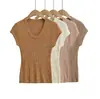 T374-26 Camiseta de Linho Vazada com Decote U de Verão Estilo Coreano Camiseta Vazada com Decote U de Manga Flare Top de Tricô de Manga Curta