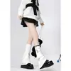 Cubiertas de Calcetines Tejidos con Hebilla de Cuero para Mujer, Calentadores de Piernas Negros Rasgados, Anillos de Pierna de Personalidad Acampanados de Subcultura Y2K, Calcetines Holgados hasta la Mitad de la Pantorrilla, Medias