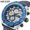 Reloj para Hombre Megir Nuevo Transfronterizo Moda Azul Cronógrafo Esfera Estéreo Correa de Cuero Deportivo 2119