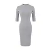 Estilo puramente seductor, cuello semi-alto, vestido de punto acanalado bodycon de manga media para mujer, adecuado para primavera y otoño, color liso, corte ajustado, vestido de longitud media