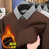 Suéter espesso masculino com forro de fleece, imitação de duas peças, gola virada para baixo de inverno, malha base casual e quente, suéter base masculino