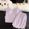 Pijama Sexy Estilo Deseo Puro para Mujer, Conjunto de Shorts con Tirantes a Cuadros de Verano, Ropa de Casa Dulce con Copas, Venta al Por Mayor Transfronteriza