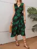 163 Moda Femenina Transfronteriza Estilo Europeo y Americano Vestido Cruzado sin Mangas con Cuello en V Estampado con Lazo, Vestido Casual de Longitud Media para Vacaciones