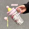 Termo de Dibujos Animados para Niños con Revestimiento Interior de Acero Inoxidable 316, Gran Capacidad, Vaso con Popote y Asa, Vaso de Agua de Alta Estética