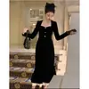 Elegante Vestido de Encaje Patchwork con Botones de Cola de Pez para Mujer, Manga Larga, Bloques de Color, Ceñido a la Cintura, Bodycon, Vestido Largo de Otoño e Invierno
