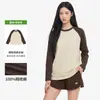 Camiseta de manga larga 100% algodón de 230g directo de fábrica para mujer, top raglán de peso pesado con bloques de color para otoño e invierno, camiseta básica elegante