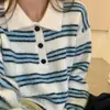Suéter tejido de punto a rayas con cuello de solapa estilo perezoso para mujer, nuevo estilo de otoño e invierno, suéter suelto casual suave y pegajoso, prenda superior para mujer