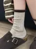 Calcetines Grises para Mujer, Otoño e Invierno, Calcetines de Algodón Puro de Media Pantorrilla, Estilo Japonés, Engrosados, Calcetines Largos de Lana Cálidos, Calcetines Holgados con Borde Enrollado para Invierno