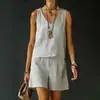 2026 Verano Nuevo Estilo Casual Sin Mangas Lino Algodón Top Chaleco Pantalones Cortos Conjunto de Dos Piezas para Mujer Personalización
