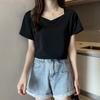 Comercio Exterior Color Sólido Cuello en V Clavícula Manga Corta Camiseta Verano para Mujer Estilo Coreano Ajustada Adelgazante Manga Media Camiseta Top