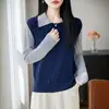 Top de design em camadas de nicho com gola redonda para mulheres, de manga curta, color block, primavera-verão, duas peças, casual, cores contrastantes, emendas transfronteiriças