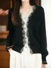Estilo Pequeno Chanel Outono Inicial Novo Tricô de Lã com Retalhos de Renda Feminino Cardigan de Lã Gola V Top Tricô de Manga Longa