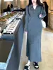 Vestido de Punto Gris con Cuello en V para Otoño e Invierno para Mujer, Adecuado para Usar Debajo de un Abrigo, Ceñido a la Cintura, Adelgazante, Suéter Básico, Vestido Largo Ajustado al Cuerpo
