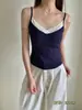 Camisola de Encaje Patchwork Color-Block Estilo Coreano para Mujer, Top Corto Ajustado Versátil Adelgazante para Usar en Capas o Solo