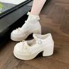 Sapatos de Couro com Salto Plataforma Estilo Preppy 2025 Primavera e Verão Novos Retro Francês Laço de Pérola com Sapatilhas para Mulheres