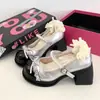 Zapatos de Moda Lolita Estilo Japonés con Suela Gruesa, Encaje, Lazo, Perlas, Tacón Alto para Mujer, Boca Baja, Tacón Grueso, Zapatos de Salón para Mujer