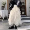 Falda irregular de encaje estilo francés para mujer, falda larga de malla de punto de otoño de cintura alta adelgazante con un dobladillo grande