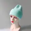 Gorro de Punto de Conejo Angora de Doble Dobladillo Moderno Cálido Color Sólido Liso Otoño e Invierno Versátil Color Caramelo Raya Vertical para Mujer