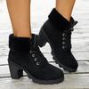 Botas de Moda de Terciopelo Cálido de Tacón Alto Transfronterizas Invierno 2025 Nuevas con Cordones Talla Grande Tacón Grueso Zapatos de Algodón con Puño de Felpa para Mujer