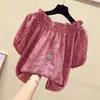 Blusa de Gasa Blanca de un Hombro para Mujer de Manga Corta 2021 Nuevo Verano Estilo Coreano Holgada con Pliegues Top Pullover para Ropa de Trabajo