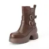 Botas Curtas Estilo Britânico de Couro Genuíno 10cm Venda por Atacado Novo Modelo 2026 Bico Redondo Solado Grosso Salto Grosso Fivela de Cinto Botas Curtas