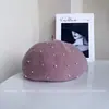 Boina de Lã Elegante Versátil Feita à Mão com Pérolas para Mulheres, Chapéu de Artista Elegante Versátil de Inverno, Chapéu de Abóbora Quente e Resistente ao Frio