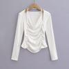 AP23067-23 primavera nuevo estilo europeo y americano cuello de soltero cuello halter sexy corto chica caliente elástico manga larga top camiseta