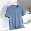 Camiseta de seda gelada de verão masculina, gola redonda, roupas de secagem rápida, manga curta, fina, respirável, meia manga, tamanho grande, top esportivo masculino, solto, moderno