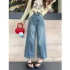 Pantalones vaqueros cropped azul oscuro y azul claro, ligeramente acampanados para mujer, nueva colección otoño/invierno 2026, de cintura alta, elásticos, corte holgado, pantalones de pierna recta acampanados