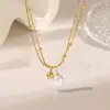 Corrente de contas de aço titânio de camada dupla pingente de pérola corrente clavicular colar feminino de aço titânio é joia