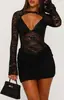 M26D557 Verão Transfronteiriço Novo Top Preto de Renda Transparente com Manga Sino Vestido Bodycon Plissado