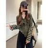 Cárdigan de punto a rayas estilo coreano para mujer, con cuello redondo, manga larga, nueva colección de otoño, top holgado y favorecedor.