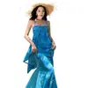Vestido azul elegante para isla resort, favorecedor y adelgazante, cuello halter, falda larga de sirena, color de la foto, gasa, corte ajustado, moderno