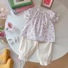 Ropa de Verano para Niñas 2025 Nuevo Bebé Manga Corta Floral Lazo Moda Estilo Princesa Manga Abullonada Pantalones Medios Conjunto de Dos Piezas