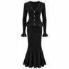 Elegante Vestido Tricô Decote V de Socialite para Mulheres, Vestido Sexy com Recortes e Design Falso de Duas Peças, Saia Estilo Suéter Cauda de Peixe