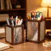Ornamento porta-canetas de vidro com flor de begônia para mesa de estudo e escritório, decoração de caixa de canetas, caixa de armazenamento de canetas coloridas, item de artesanato decorativo