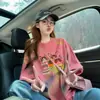 Algodão Puro Chique Divertido Gato de Desenho Animado Camiseta Solta para Mulheres Super Fada Rosa Salpicado Moda Comprimento Médio Top de Temperamento