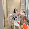 Pijama de Seda de Leche Pijama de Manga Corta Camisón de Mujer Verano Holgado Tallas Grandes Dibujos Animados Lindos Ropa para el Hogar