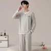 Pijama Masculino de Algodão Puro com Gola Redonda Primavera Outono Inverno Novo Alta Qualidade Manga Longa Calça Longa Tamanho Plus Casual Roupa de Casa Conjunto para Usar por Cima