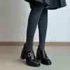 Versión de piel de vaca mocasines de tacón alto para mujer hebilla de cuero punta redonda tacón grueso estilo británico zapatos pequeños de cuero slip-on suela gruesa zapatos de vestir