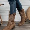 Botas de Equitação Estilo Novo Outono e Inverno 2024, Bico em V, Bordadas, de Calçar, Salto Grosso, Bico Fino, Cano Médio, Estilo Retrô, Botas de Cowboy Ocidentais