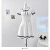 Vestido Tricotado Listrado de Estilo Academia de Manga Curta Feminino Verão Lapela Laço Cadarço Ajustado Linha A Saia Curta