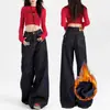 Jeans Anchos Azul Oscuro Estilo Americano para Mujer, Forro Polar Otoño e Invierno, Cintura Alta, Holgados, Caída Perezosa, Rectos hasta el Suelo