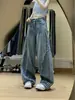 Jeans feminino estilo retro americano, modelagem relaxada, barra curva, lavagem, patchwork listrado, perna larga, solto, para primavera/outono 2026