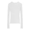 Top de punto básico de cuello redondo en color morado rosado para mujer, corte ajustado, versátil, camiseta base de lana elástica