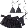 Bikini retro de lunares de tres piezas para comercio exterior transfronterizo, traje de baño sexy de dos piezas sin espalda con falda corta y bragas de triángulo en negro