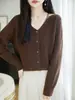 Tricô Feminino Gola V Preguiçoso Caimento Solto Macio Versátil Top Primavera Outono Diário Estilo Elegante Cardigã Simples