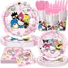 Conjunto de decoração de mesa para festa de aniversário com tema Sanrio transfronteiriço com pratos de papel, guardanapos de papel e toalha de mesa Hello Kitty